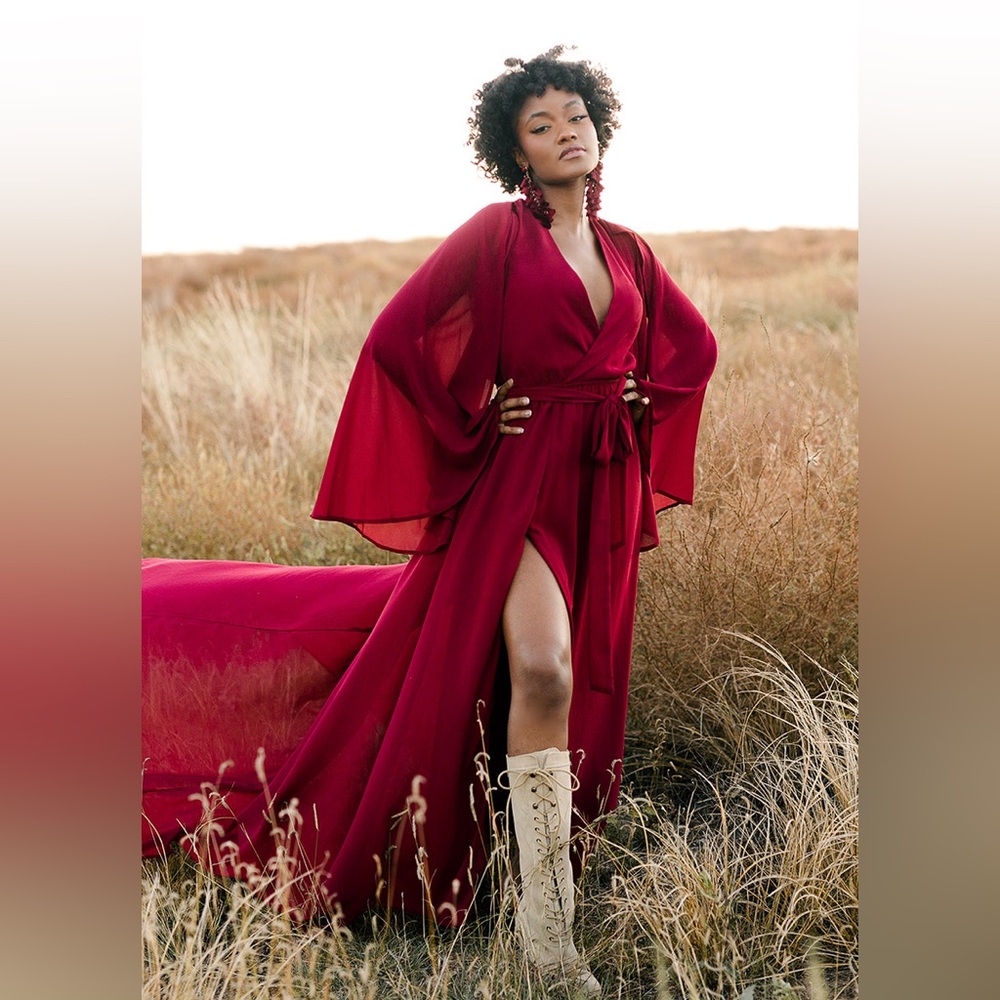 Joyfolie Nerina Dress Burgundy XL Flowy Photoshoot Gown with Train + 1 Bustle